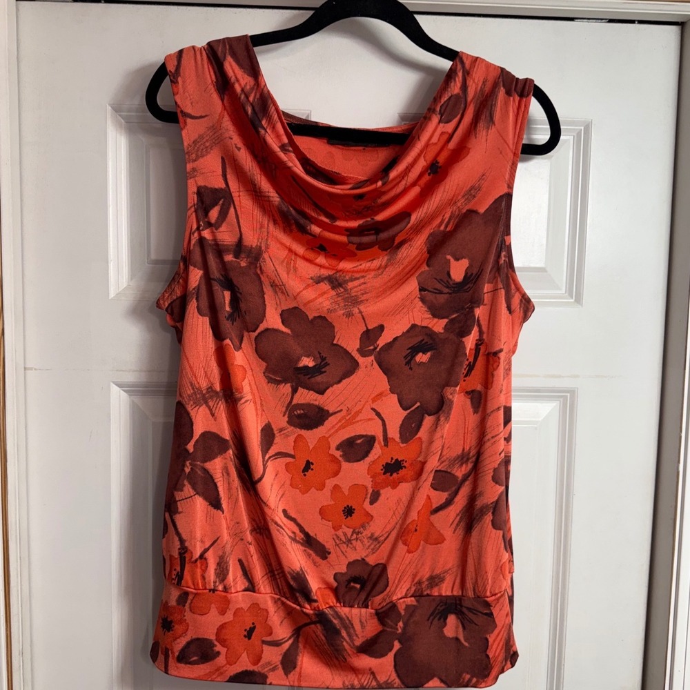 The Limited Womens Large Coral Orange Brown Floral Cowl Neck Sleeveless Blouse